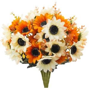Artificial Daisy Flowers 24 Bundles Fall Flowers with 10 Sunflowers Head Autumn Outdoor Fake Flowers for Window Box Garden Porch Centerpieces Wedding Orange