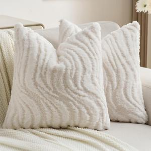 FUTEI Pack of 2 Solid Faux Fur Geometric Striped Throw Pillow Covers 20x20 Inch Soft Farmhouse Decorative Accent Cushion Cases Modern Home Decor for Couch Living Room, White