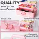 TERGOO 12in 3-Layer Plastic Craft Organizers and Storage, Portable Folding Tackle Box with Handle & Adjustable Dividers, Multipurpose Case for Sewing, Art Supplies, Medicine, Tools (Pink)