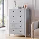 Garvee 5 Chest of Drawer Dresser, Modern Tall Nightstand with Deep Drawers and Nickel Round Handle, Wood Organizer Storage Cabinet for Bedroom, Living Room, Hallway, Grey