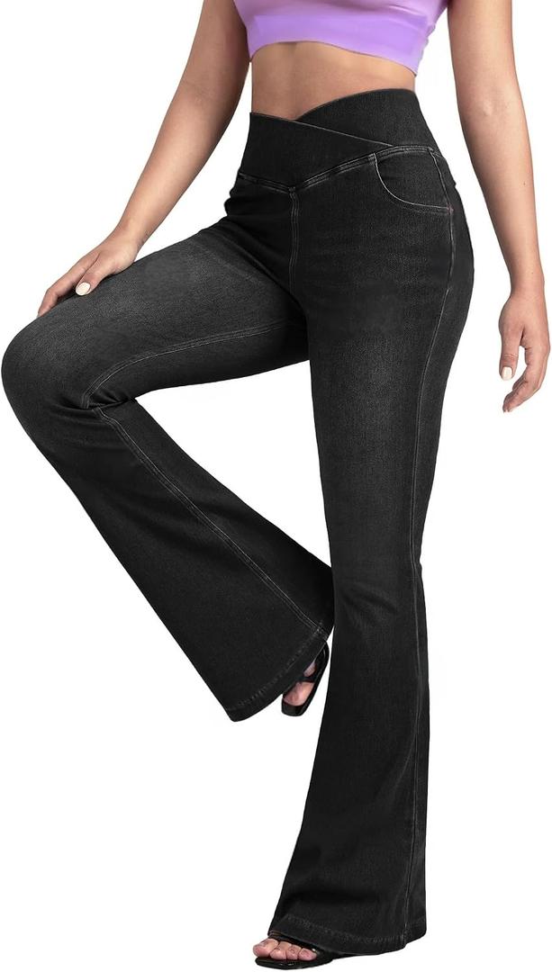 BlueRose Flare Jean for Women,Bell Bottom Jeans for Women Knit Crossover High Waisted Bootcut Jean, Small Short