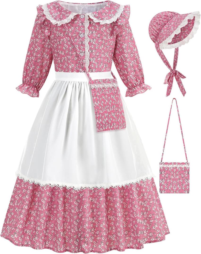Girls Pioneer Costume Floral Colonial Prairie Dress for Little Kids with Apron and Bonnet (10-12/150, Pink)