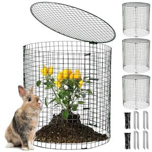 Hiboom 4 Set Garden Plant Protectors from Animals with Stakes, Metal Mesh and Detachable Covers Wire Plant Cage for Keeping Bunny Animals Out, Chicken Wire Cover Garden Protection (15.7x13)
