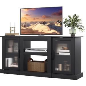 WLIVE Farmhouse TV Stand for 65 inch TV, 58" Entertainment Center with Storage Cabinets, Open Shelves TV Console for Living Room and Bedroom, Black