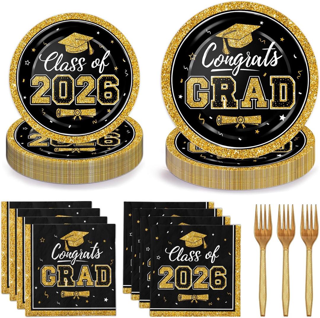 LINHAXM 50 Sets Graduation Plates and Napkins 2026 with Forks Black and Gold Congrats Grad Disposable Paper Plates and Napkins Party Supplies for Graduation Decorations Class of 2026