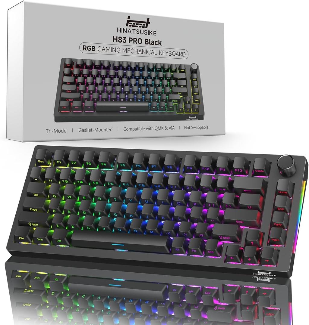 HINATSUSIKE H83 Pro 75 Percent Wireless Mechanical Keyboard for Gaming, Hot-Swappable with Knob, RGB Backlit, Pre-Lubed Cardamom Linear Switches, Side-Printed PBT Keycaps, 2.4G/BT5.0/USB-C Black