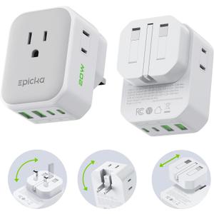 EPICKA Hybrid Travel Plug Adapter, 2 Packs Foldable & Detachable Type G (UK) VisaPlug, 8-in-1 International Power Adapter with 4 USB Ports (2 USB-C PD 20W), Travel Essentials for US to England