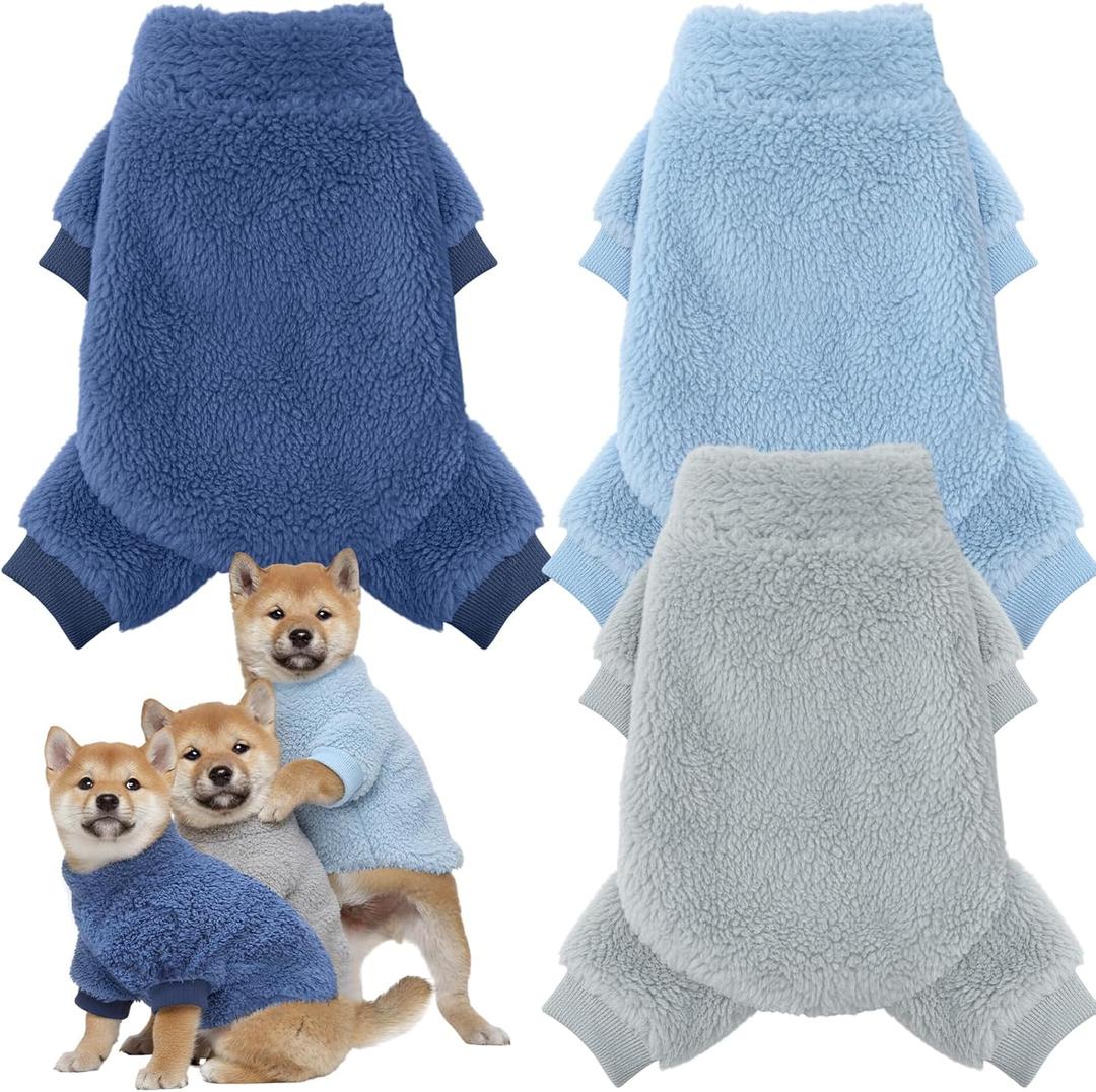 Reginary 3 Pieces Dog Pajamas Puppy Clothes Winter Coats Elastic Pajamas for Puppy Fluffy Jumpsuit Fleece Sweater for 4 Legs Dog Bodysuit (Small, Blue, Gray)