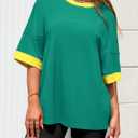 BTFBM Womens Oversized T Shirts Dressy Casual Short Sleeve Summer Tops Crew Neck Color Block Blouse Loose Fit Basic Tee (Green, L)