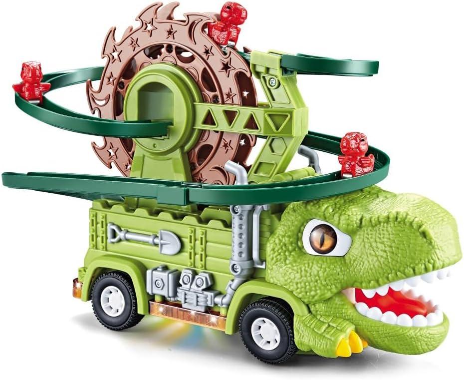 2-in-1 Light-Up Dino Truck Toy Set  Motorized Ferris-Wheel Ramp & Stunt Car, Music LED Effects, STEM Take-Apart Build Play, Dinosaur Gift for Toddlers Boys Girls Ages 3-8(Tyrannosaurus)