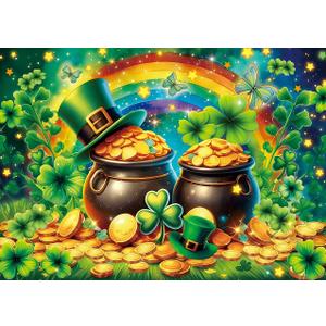 INRUI Happy St. Patricks Day Photography Backdrop Lucky Irish Rainbow Golden Coins Green Shamrock St Patricks Day Party Decorations Banner (10x8FT)
