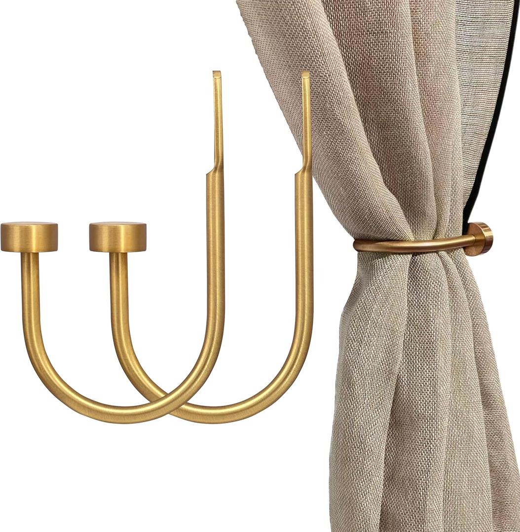 Quality Curtain Holdbacks, Solid Steel Curtain Holdback with Disk Finial,Electroplate Finishes, Set of 2 Window Curtain Tieback Hooks, Warm Gold