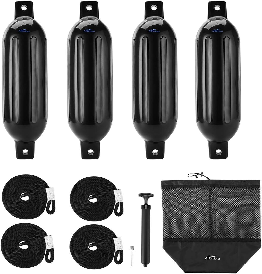 Affordura Boat Fender 4 Pack Boat Bumpers Fenders with 4 Ropes, Boat Bumpers for Pontoon Boat Fenders Inflatable (5.5 inch, Black)
