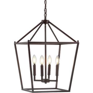 JONATHAN Y 16" Oil Rubbed Bronze Lantern Pendant Light, 4-Light Pagoda Style Metal Cage Farmhouse Hanging Ceiling Fixture for Kitchen Island, LED Bulb Included (JYL7437A)