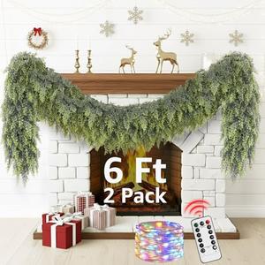 Cedar Christmas Garland with Lights for Mantle - 2 pack Decorations 6 ft Realistic Lighted Faux Pine Garlands for Xmas Home Decoration Indoor Stairs Railing Fireplace Outdoor Prelit Garland Door Decor
