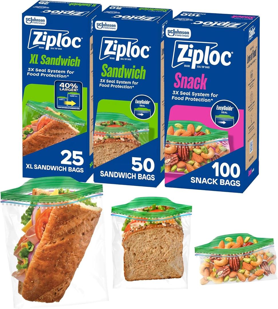 Ziploc 175 Count Sandwich and Snack Bags with EasyGuide Texture, Plastic Storage Bags with Grip 'n Seal Technology