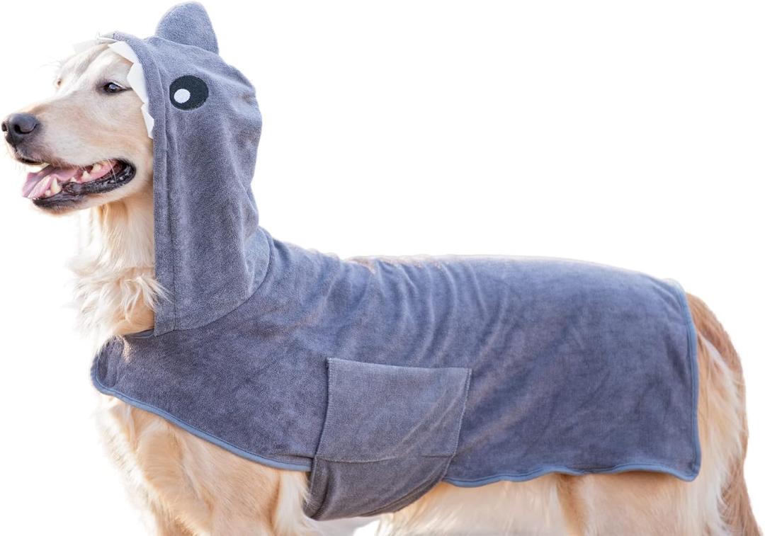 BoxDog Wearable Microfiber Dog Towel with Monster or Shark Hoodie | Soft Dog Bathrobe (Large, Grey Shark)