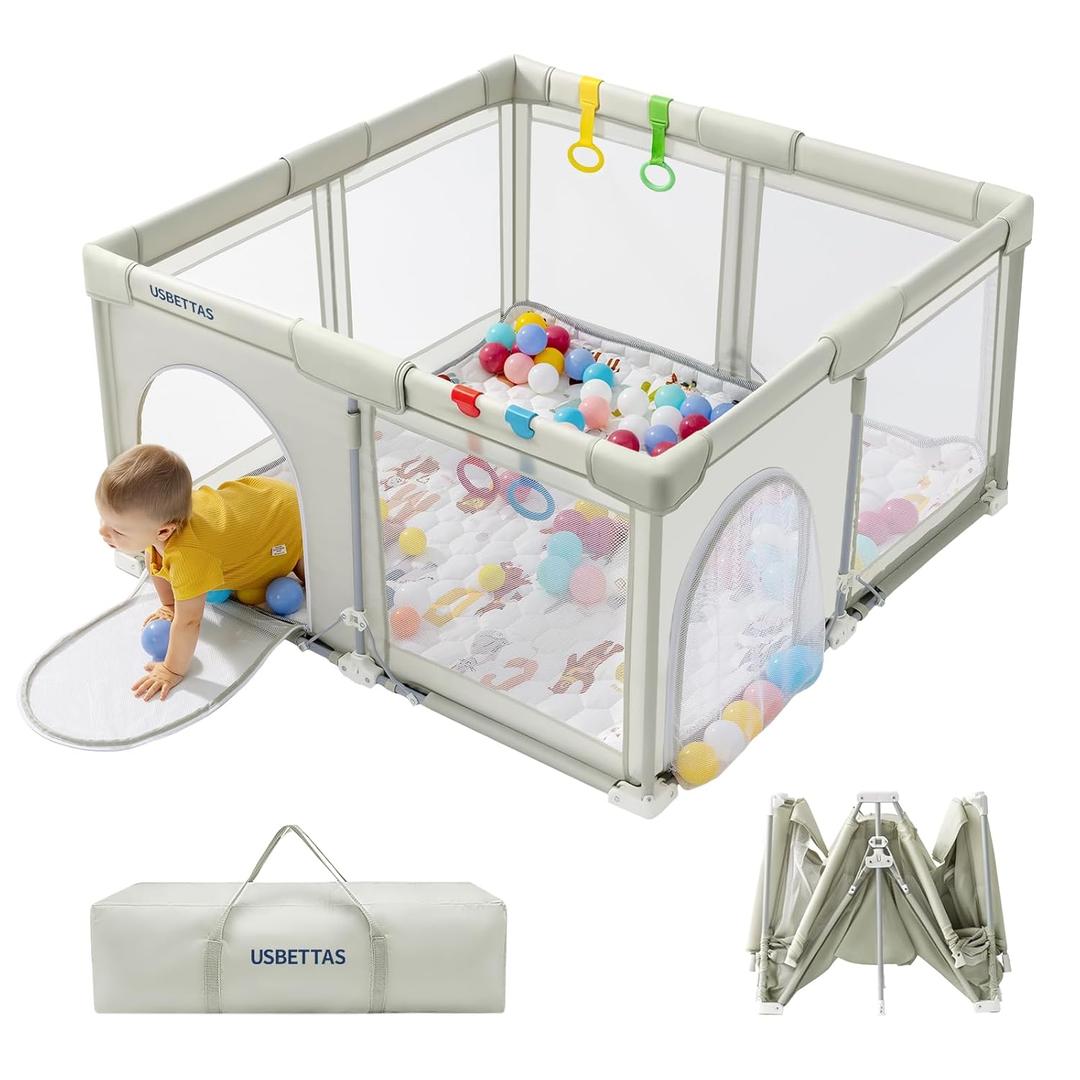 Foldable Baby Playpen, 1-Minute Setup, Lightweight Portable Playpen with Carry Bag, 50"x50" Indoor Outdoor Safty Play Yard for Babies & Toddlers, Beige
