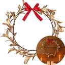 12 Inch Gold Christmas Wreaths with Red Bow for Front Door Plastic Golden Leaves Xmas Artificial Wreath Christmas Decorations for Windows Fireplaces Walls Porch Indoor and Outdoor