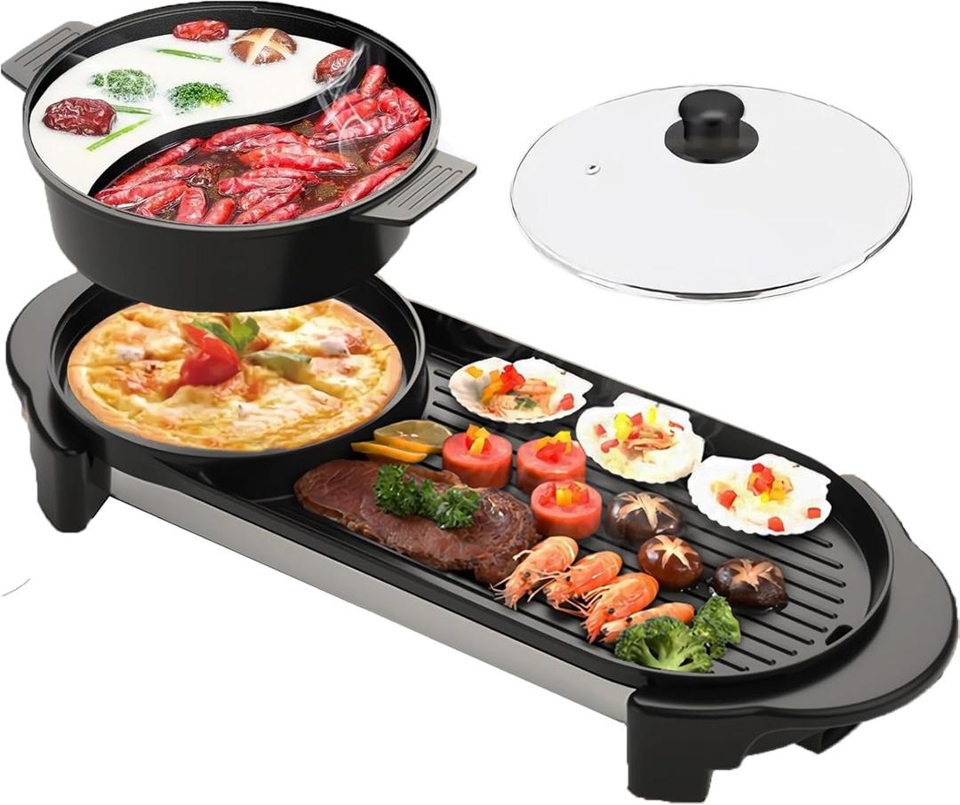 Hot Pot with Grill, Electric Hot Pot 2 in 1 Shabu Shabu Hot Pot Korean BBQ Grill, Removable Hotpot Pot 1200W / Large Capacity Baking Tray, Separate Temperature Control, Electric Grill for 2-12 People (28"D x 9.4"W x 5"H)