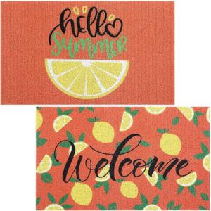 2 Pcs Cute Lemon Decorative Doormat Hello Summer Welcome Mat Lemon Floor Mats Summer Non Slip Door Rugs for Outdoor Indoor Porch Entryway Kitchen Decor 18 x 30 Inch