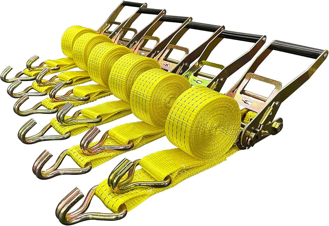 Ratchet Tie Down Straps, 2 in x 15 ft, 5,000 lb Breaking Strength, J-Hook, 6-Pack