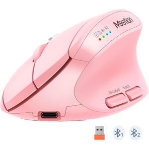 MEETION Pink Wireless Ergonomic Mouse, Bluetooth Vertical Rechargeable Mice, 4 Adjustable DPI 800-2400, Bluetooth 5.2+5.2+USB Mouse for Windows/Mac, for Laptop/PC/Desktop/Computer/iPad