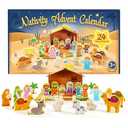Nativity Advent Calendar for Kids, 24 Day Wooden Nativity Scene for Toddlers with 19 Wooden Figurine and Stable Christian Countdown Gifts for Kids