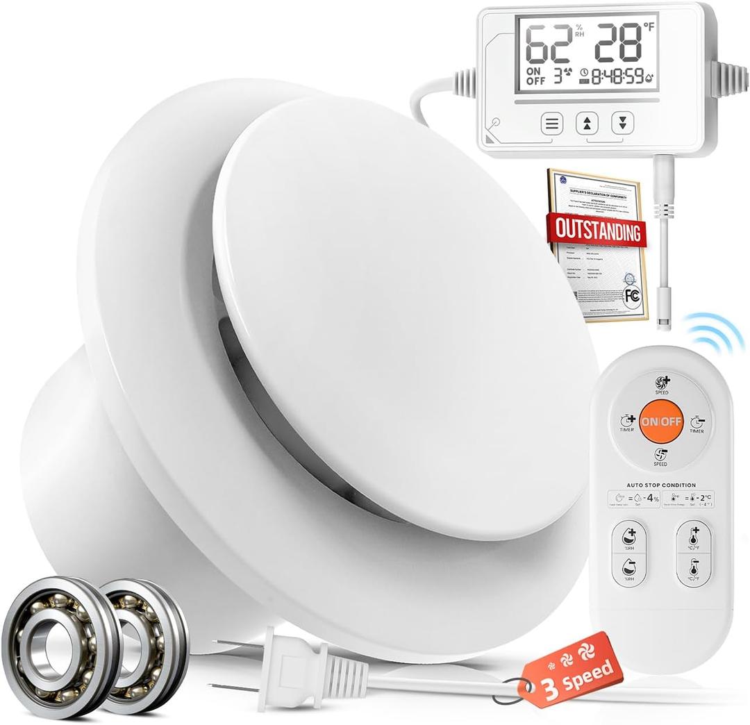 3 Speed Bathroom Exhaust Fan with Humidity Sensor with Remote Control, Timer Humidity & Temperature Control Quiet Upgraded 2600RPM Bathroom Fan for Attic Basement Garage P109A(4 inch Exhaust Fan) (White)