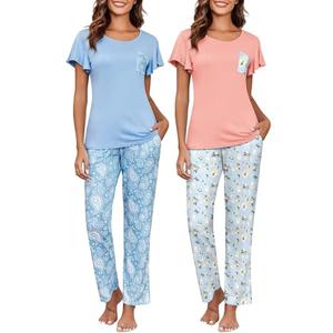 Ekouaer 2 Pack Womens Pajama Sets Short Sleeve Womens Pj Sets Pants and Top Sleepwear Floral Printed Soft Loungewear Sets with Pockets M