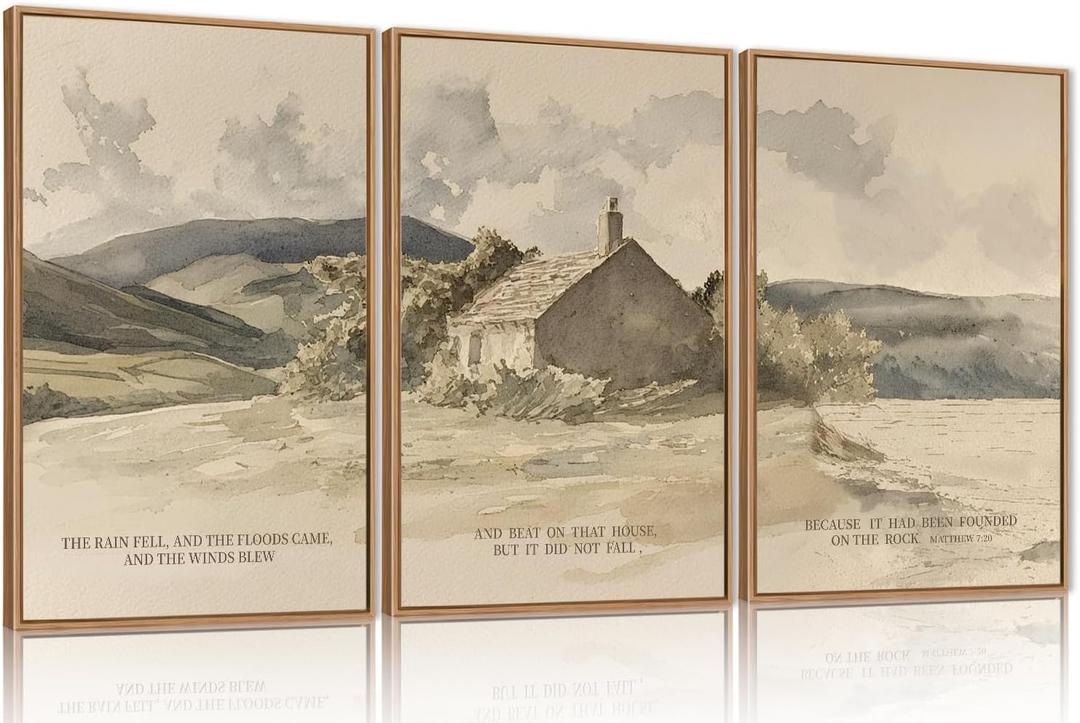 FWIEXA Nature Christian Bible Verse Framed Canvas Wall Art Set, Floods Mountain Houses Jesus Wall Decor, Vintage Easter Artwork, Inspirational Quotes Art Prints for Prayer, Bedroom - Size 24"x36"x3