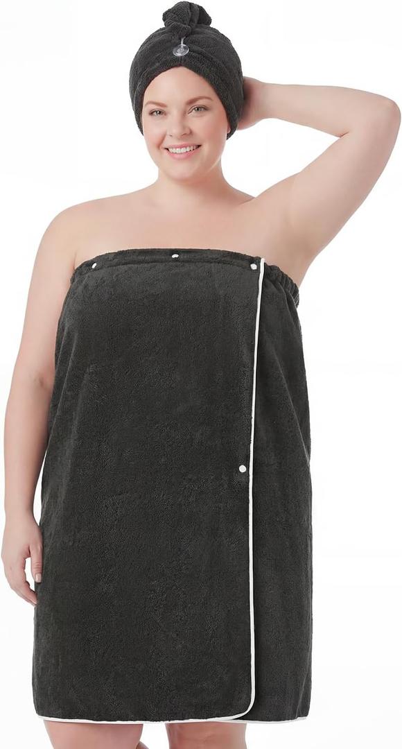 Towel Wrap for Women Plus Size (XL-2XL) with Hair Towel Wrap, Microfiber Bath Wrap Soft & Comfortable Absorb Water Body Wrap Oversized Button Design, Charcoal