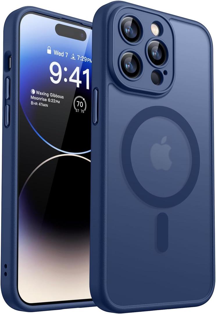 CANSHN Magnetic Compatible with iPhone 14 Pro Case, Upgraded [Full Camera Protection] [Compatible with Magsafe] [Translucent Matte] Shockproof Protective Phone Case Cover 6.1 Inch - Deep Blue