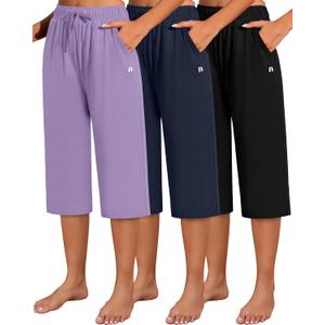 Neer 3 Pack Women's Capri Pants, Cotton Wide Leg Basic Sweatpants Lounge Loose Fit Casual Drawstring Yoga Capris with Pockets (Large, Black, Gray Blue, Light Purple)