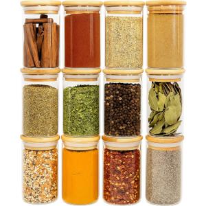 SAVVY & SORTED 12 Natural Bamboo Spice Jars - 8.5oz Large Glass Jars with Bamboo Lids - Seasoning Jar with Airtight Lids, Containers Herb Spice Rack Kitchen Organization