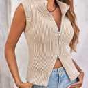 Saodimallsu Womens Zip Up Sweater Vest Sleeveless Ribbed Knit V Neck Collared Striped Tank Tops (Beige)