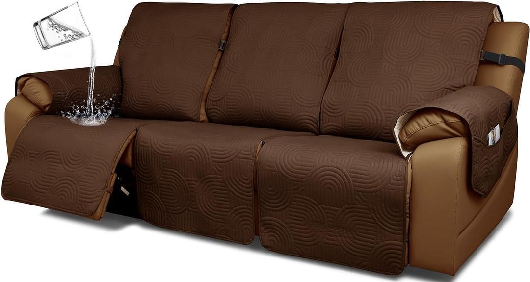 Waterproof Recliner Sofa Cover,Non Slip Couch Cover for Reclining Sofa Washable Furniture Protector with Elastic Straps Pocket for Kids, Pets (Brown, 3 Seater)