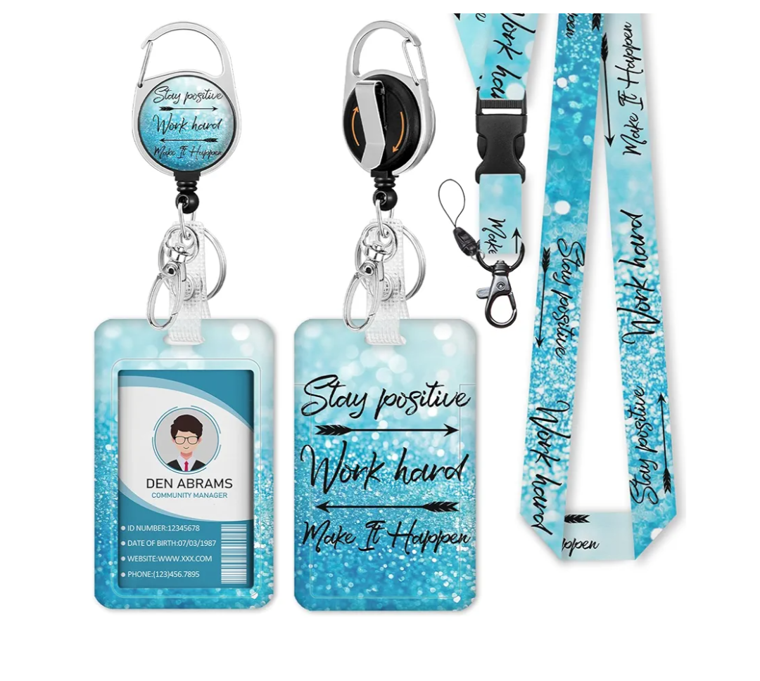 Lanyards for ID Badges, Positive Badge Holder with Retractable Reel Clip, Inspirational Quote Card Name Tag Lanyard Vertical ID Card Protector Case for Women Nurse Doctor Teacher Student Blue