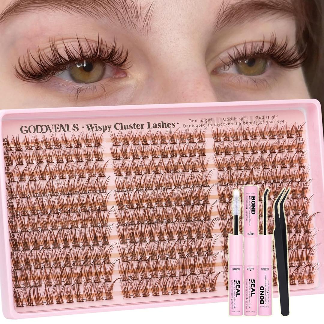 Brown Lash Clusters Kit Natural 300Pcs Wispy Lashes Cluster Eyelash Cluster Extensions Kit C Curve Individual Lashes Extensions Kit For DIY Waterproof & Long Lasting (Light Brown10-16mm)