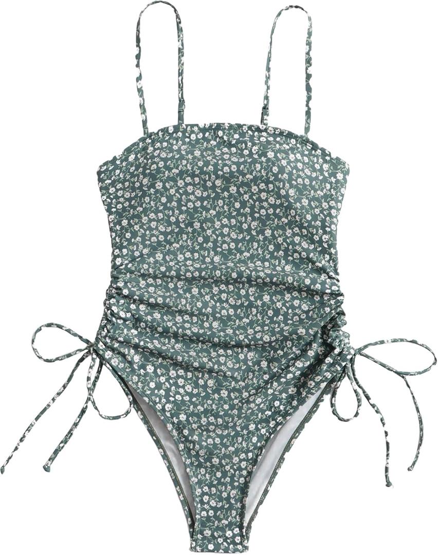 Floerns Women's Floral Print Monokini Swimwear Drawstring One Piece Swimsuit Dark Green XS