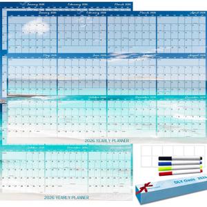 32" x 48" 2026 Wall Calendar Dry Erase - Large Rolled Beach Wall Calendar Wet & Dry Erasable Laminated 12 Month Annual Yearly Planner, Reversible, Horizontal/Vertical, Blue
