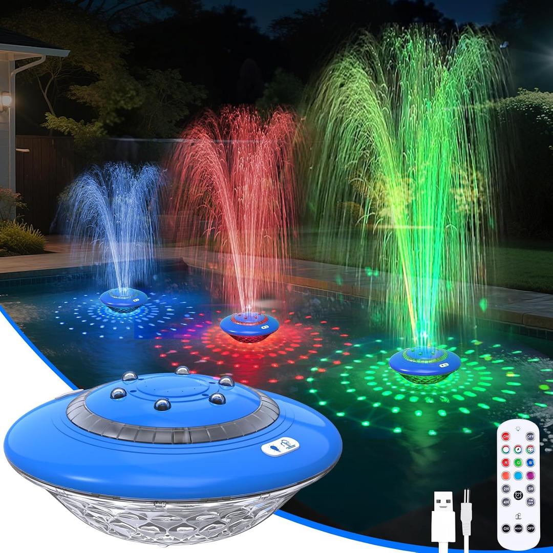 Floating Pool Fountain with Lights Show, 9 Pool Light Modes and 3 Fountain Modes with Remote for Inground Above Ground Pool, Upgraded Rechargeable Pool Fountains with Anchor-1 PC