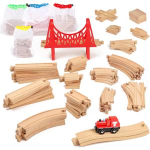 Wooden Train Tracks 60 Piece Set, Track Expansion Accessories for Toddlers 3-5 - 100% Compatible with All Major Brands Including Thomas & Brio Wooden Railway System