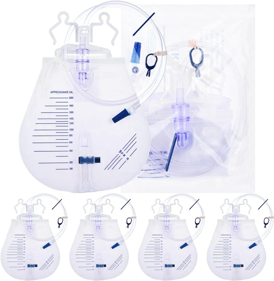 2000mL Catheter Bags for Men, Urine Drainage Bag with Anti-Reflux Chamber, Large Capacity Overnight Urine Collection48" Drainage Tube with Hanging Hook (5 Pack)