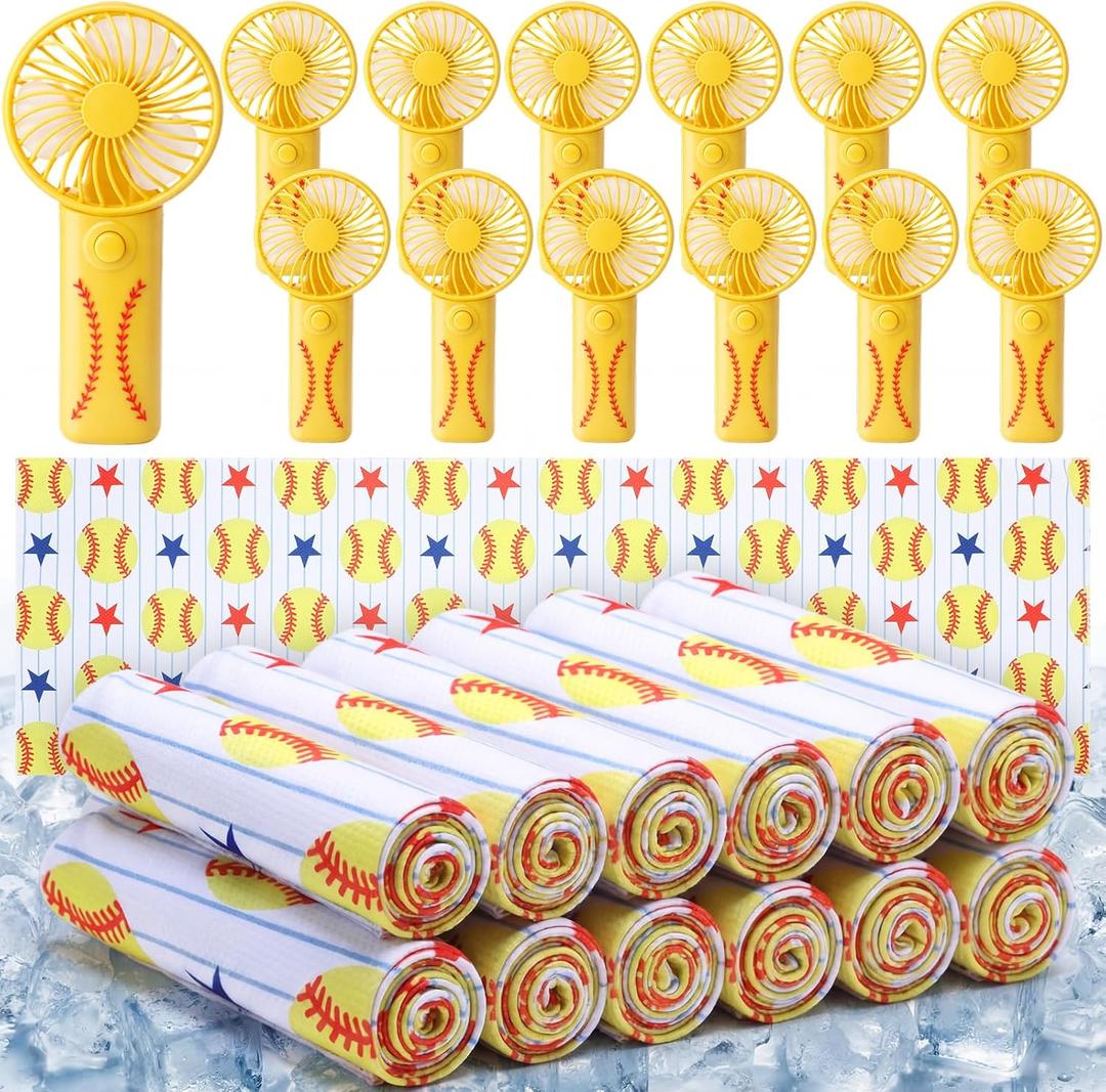 VIHOSE 12 Sets Softball Team Gifts Bulk Includes Portable Mini Handheld Fans Softball Cooling Towels and Ribbon Set for Sports Event Party Favors, Team Players, Coaches, Fans