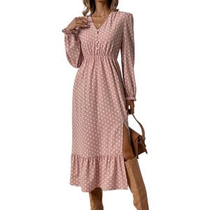 Women's Midi Dresses for Women V Neck Long Sleeve Fitted Family Photo Outfits Pink Dress Long Sleeve Pretty Garden Dresses (Pink, S)