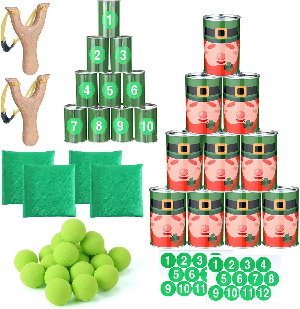 37 Pcs St. Patrick's Day Party Game Knockdown Can Set, 2 in 1 Bean Bag Toss and Slingshot Shooting Game with Metal Cans Bean Bags Slingshots Foam Balls for Family Gathering Carnival Party