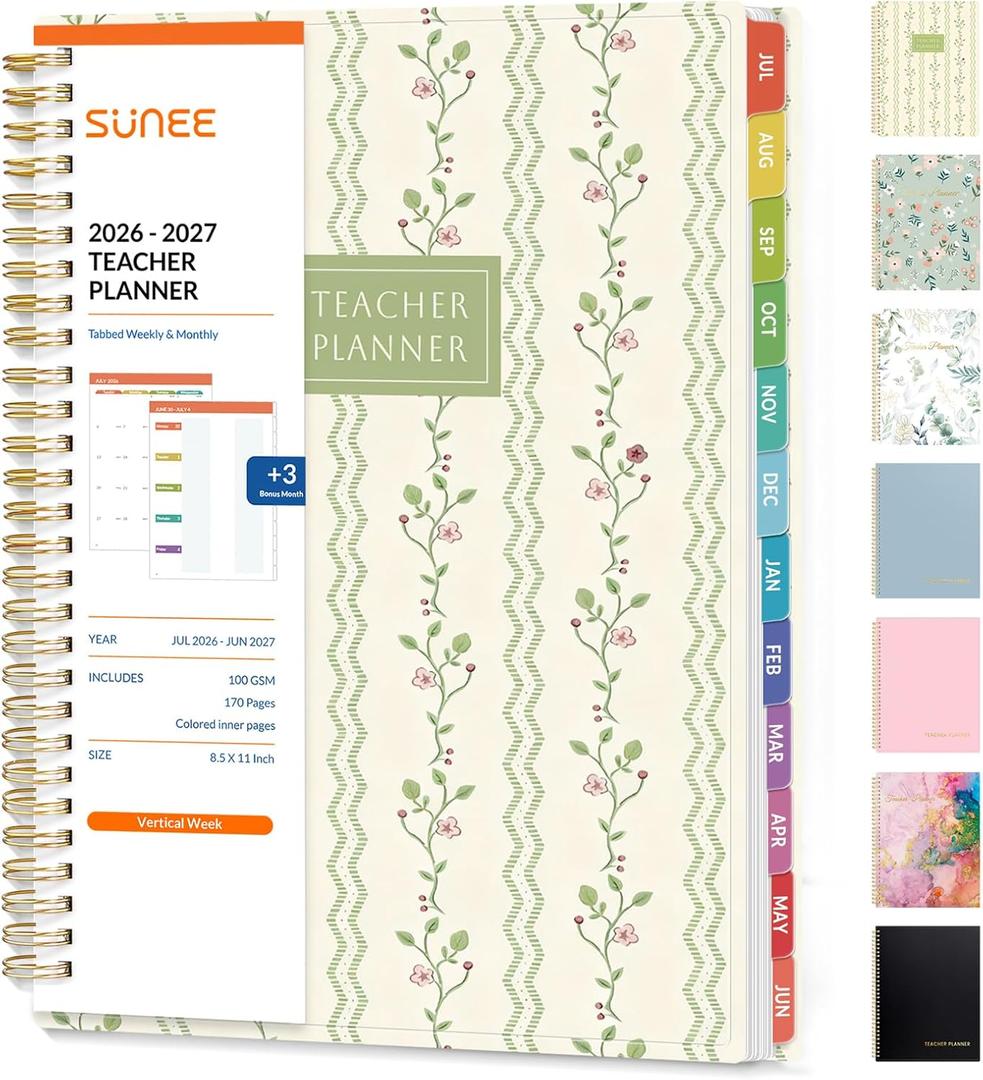 SUNEE Teacher Planner 2026-2027 Academic Year, Lite Lesson Planner Book with 7 Periods Jul 2026 - Jun 2027, 8.5"x11" Daily Weekly and Monthly Organizers, Plan Book with Pocket, Tabs, Floral Stripes
