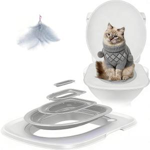 Cat Toilet Training Kit, Reusable Plastic Litter Box Trainer with Replaceable Feather Toy for Indoor Cats (Gray), 12.8"L x 1.77"W x 14.7"H