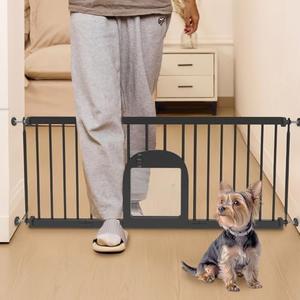 No Pawblems Dog Gate with Small Pet Door, 16"-42.7" Adjustable Metal Short Dog Gate to Step Over, 16.5" Tall, with 3 Extension Kits, Pressure Mounted, for Doorways & Stairs, Black